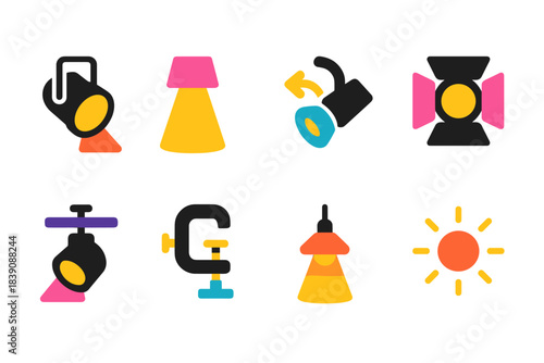 Lighting fixtures flat icon set. Colorful lamps, lights, and spotlights collection