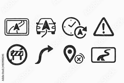 Navigation and warning chalk icon set. Gps, map, alert icons in chalk style