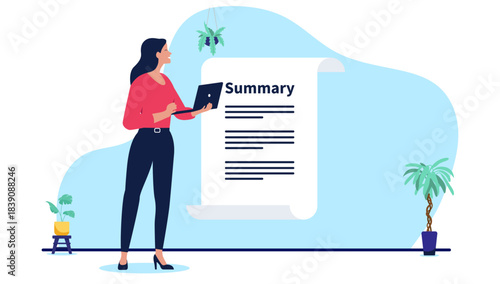 Professional businesswoman writing a brief summary or corporate report on paper to analyse key points and information, flat design vector illustration