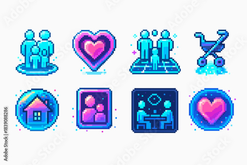 Family and parenting pixelated icon set. Parenting, childcare, family pixel collection.