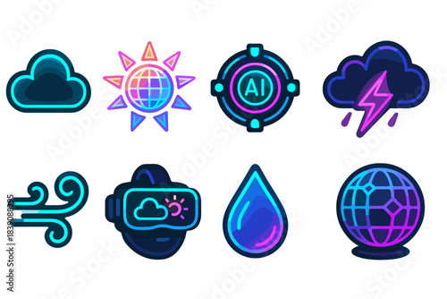Weather and technology icon set. 3D collection of climate, ai, vr, and nature icons
