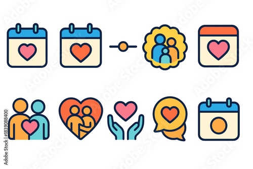 Family, love flat icon set. Heart, relationship, calendar icons collection