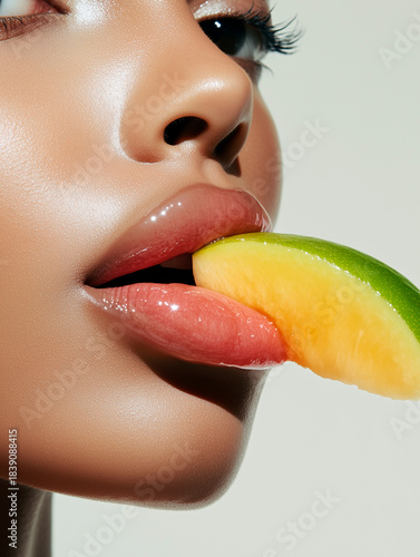 Wallpaper Mural Sensual Woman Lips Biting Fresh Mango Slice, Glossy Skin Beauty Close-Up, Natural Skincare and Healthy Lifestyle Concept Torontodigital.ca
