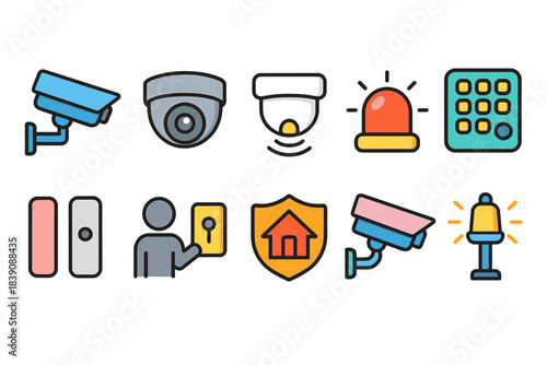 Security, surveillance flat icon set. Cctv, alarm, safety icons flat collection