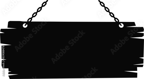 Blank wooden plank sign board silhouette hanging from metal chains, rustic empty banner template for announcement or display, advertising vector
