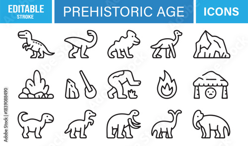 Vector Icon Set Representing Dinosaurs, Spears, Fire, Rocks, Fossils, Primitive Animals, and Early Human Era Elements