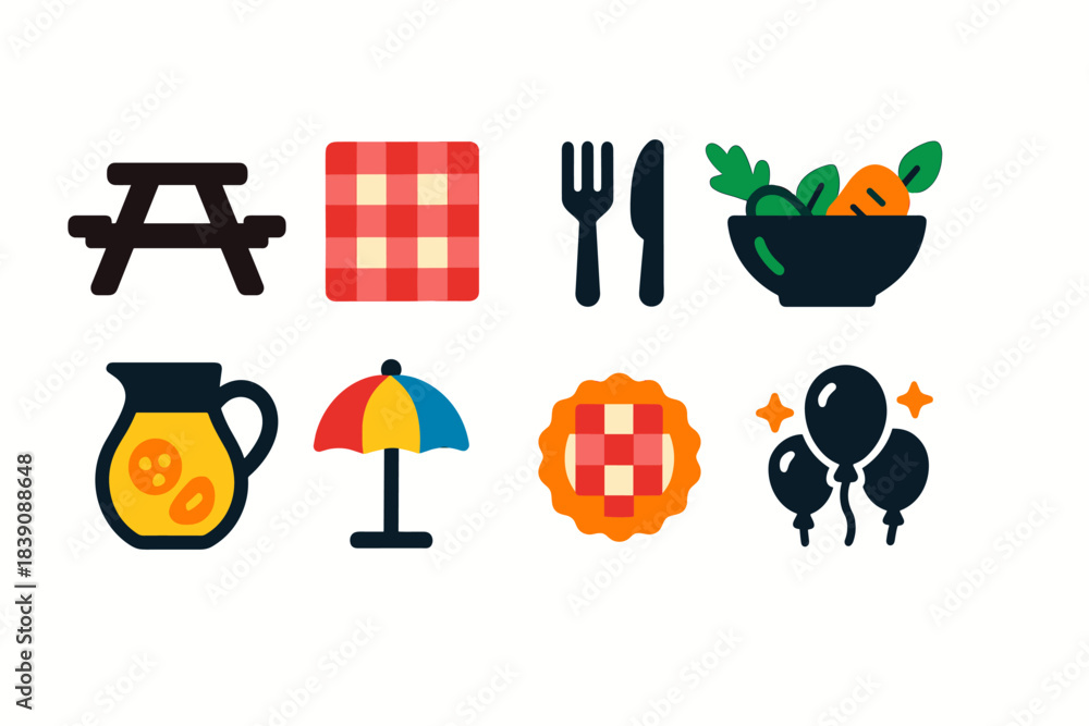 Fototapeta premium Picnic, outdoor party flat icon set. Barbecue, summer festival icons flat collection