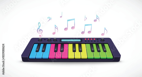 Colorful toy keyboard with musical notes floating above it on a white background.