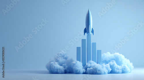 Blue 3D rocket launching from bar chart clouds representing business startup growth