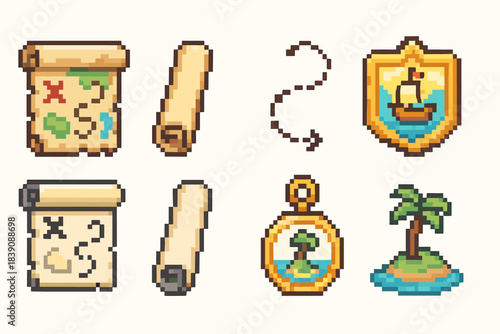 Adventure, exploration pixel icon set. Treasure hunt, map, compass flat collection
