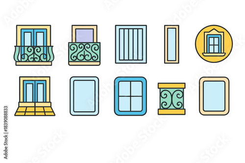 Window and balcony icon set. Decorative outline icons for architecture and design.