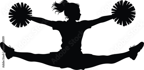 Dynamic cheerleader silhouette performing a jump split with raised arms holding pom-poms, energetic sport and team spirit vector illustration