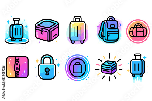 Travel and luggage icon set. Colorful and flat style for vacation and adventure