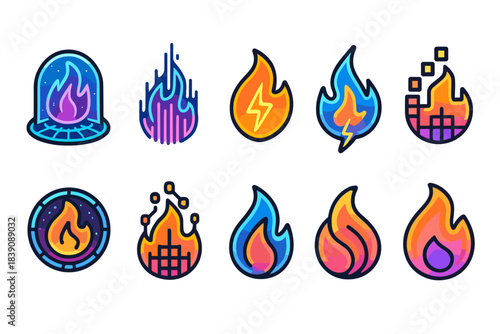 Fire icon set with colorful gradient outline style: flames, energy, heat symbols collection