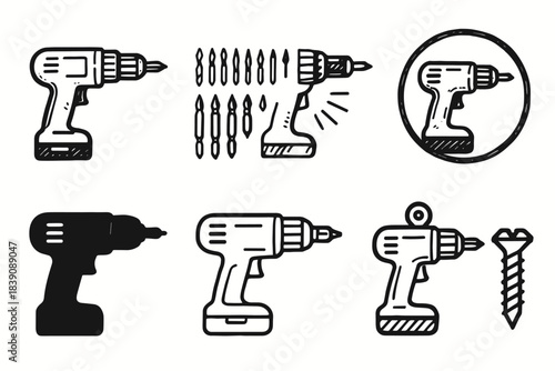 Construction and tools line icon set. Drill, screwdriver, builder, equipment collection