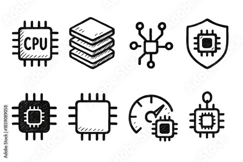 Computer chip sketch icon set. Circuit, microchip, technology outline icons collection