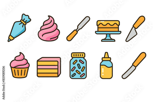 Baking and pastry flat icon set. Cake, baking tools, and dessert icons collection.