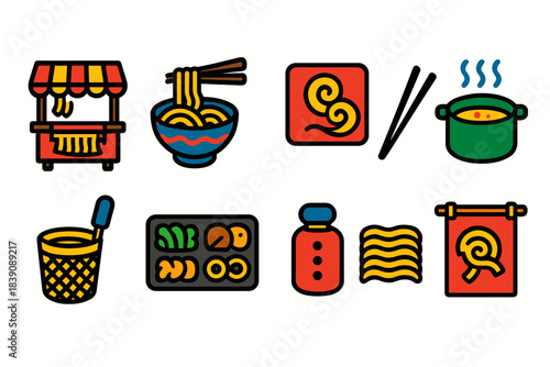 Ramen, noodle flat icon set. Delicious, culinary icons collection for food enthusiasts
