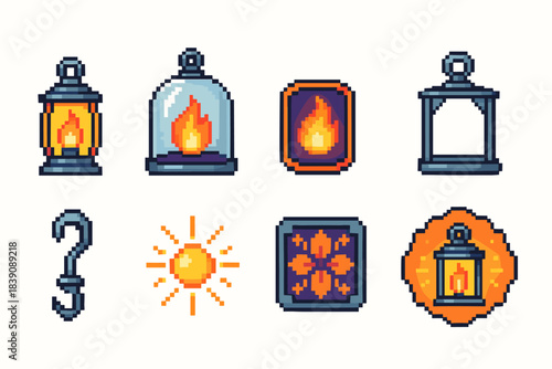 Lantern and fire pixel icon set. Retro, vintage light and flame pixel icon collection