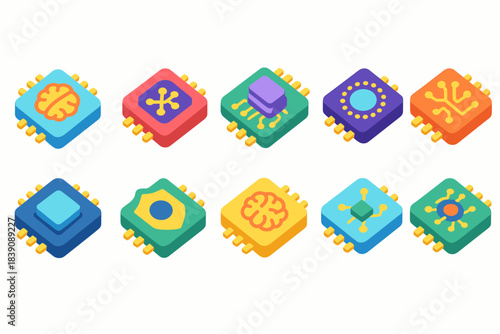 Circuit technology icon set. Semiconductor, cpu, motherboard icons flat collection