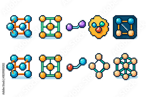 Chemistry elements pixel cartoon icon set. Fun, educational elements in 3d style.