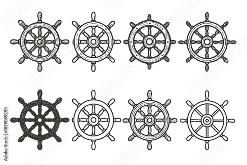 Nautical steering wheel silhouette icon set. Marine, sailing, boat navigation silhouettes