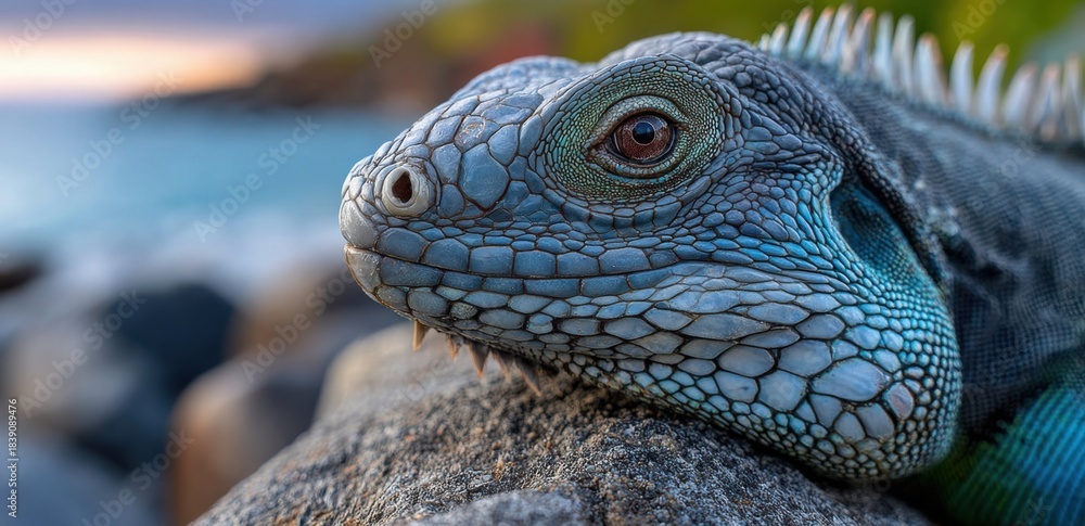 Fototapeta premium a majestic marine iguana, standing on rocks overlooking the beach of the galapagos islands at sunset with dramatic clouds in the blue sky
