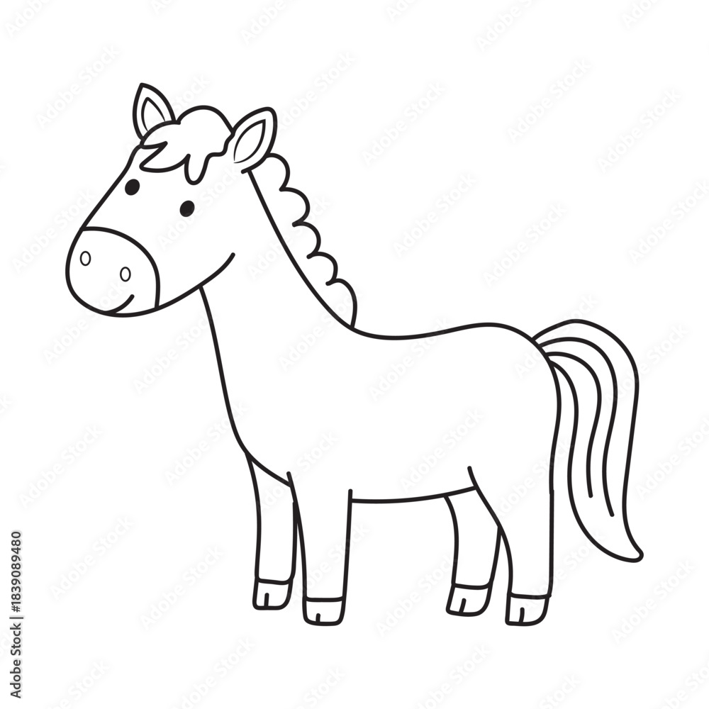 Fototapeta premium Cute cartoon horse line art outline drawing for coloring book