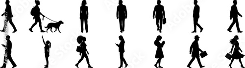  Walking People Silhouette Vector Set – Men, Women, Shoppers, Business Professionals, Dog Walker, Parents, Casual Figures – Black Human Outline Collection”