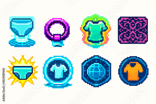 Fashion and clothing icon set. Pixel art style for apparel, accessories and textiles