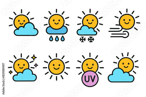 Weather symbols flat icon set. Sun, cloud, rain, snow, wind, uv, forecast collection
