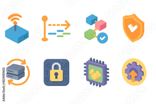 Networking, technology flat icon set. Wifi, server, security, data management icons