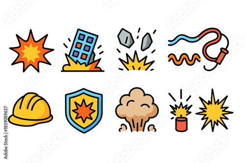 Explosion, demolition flat icon set. Construction and safety warning icon collection