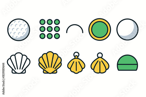Seashell, golf, flat icon set. Ocean, sport, minimal style graphic elements