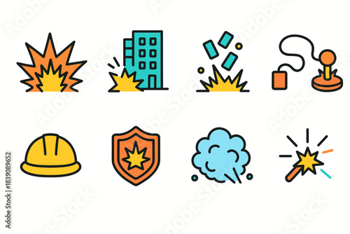 Explosion-themed flat icon set. Safety, demolition, hazard, alert symbols collection
