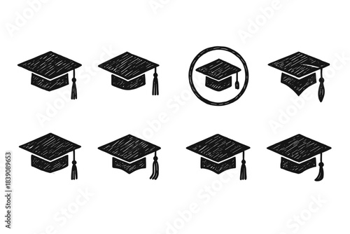 Education silhouette icon set. Graduation, academic symbols in monochrome style.