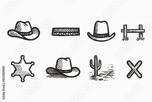 Wild west sketch icon set. Cowboy, country, sheriff, cactus outline collection