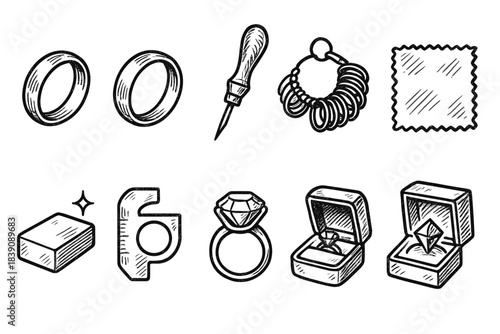 Jewelry and accessories line icon set. Elegant rings, gems, and tools outline collection