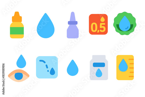 Eye drops flat icon set. Healthcare, medicinal, pharmacy, ophthalmology icons collection