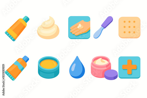 Skincare, cosmetics flat icon set. Creams, lotions, beauty products icons collection