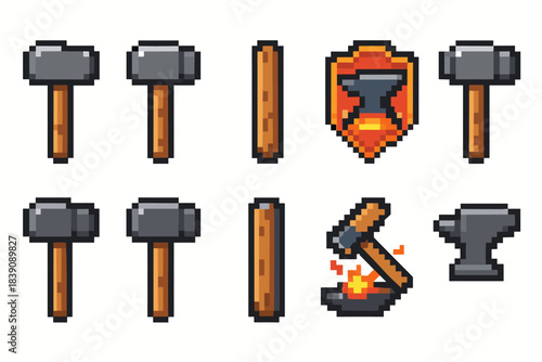 Blacksmithing, crafting, gaming pixel icon set. Retro, vintage forge tool graphics collection