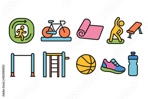 Fitness and gym icon set. Exercise, workout, health, lifestyle, linear style.