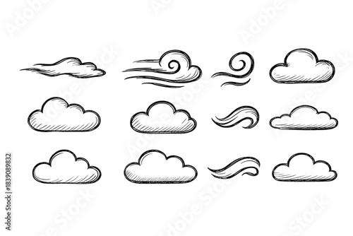 Clouds and wind line icon set. Weather, nature sketch icons collection