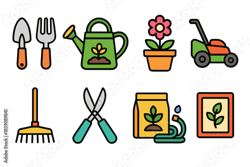 Gardening tools flat icon set. Essential lawn, plant, and flower care icons collection