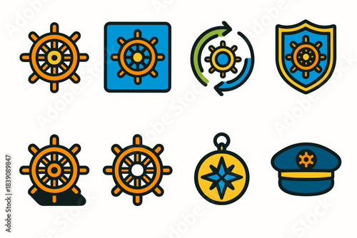 Nautical, marine flat icon set. Steering wheels, compass, captain hat icons collection