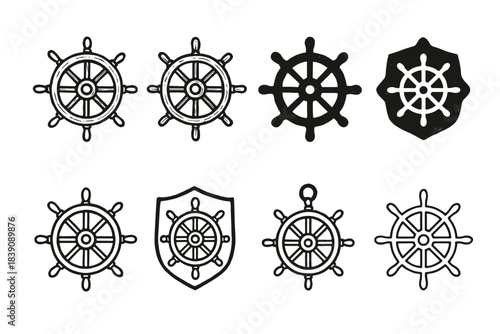 Nautical steering wheel silhouette icon set for marine and navigation designs