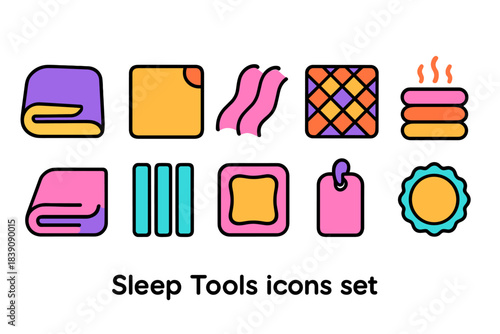 Sleep tools icon set. Cozy, comfort, relaxation, night essentials icons flat collection