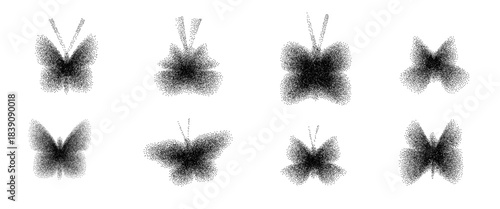 Butterfly grain noise gradient shapes. Retro y2k stippling simple forms set. Black shade insect icons isolated on transparent background. Vector spray paint butterflies symbols shapes illustration.