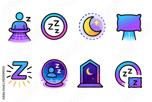 Sleep, dream, and night outline icon set. Pillow, moon, and star vector collection