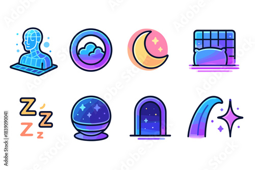 Dreamscape flat icon set. Sleep, night, moon, and dreaming flat style icon collection.